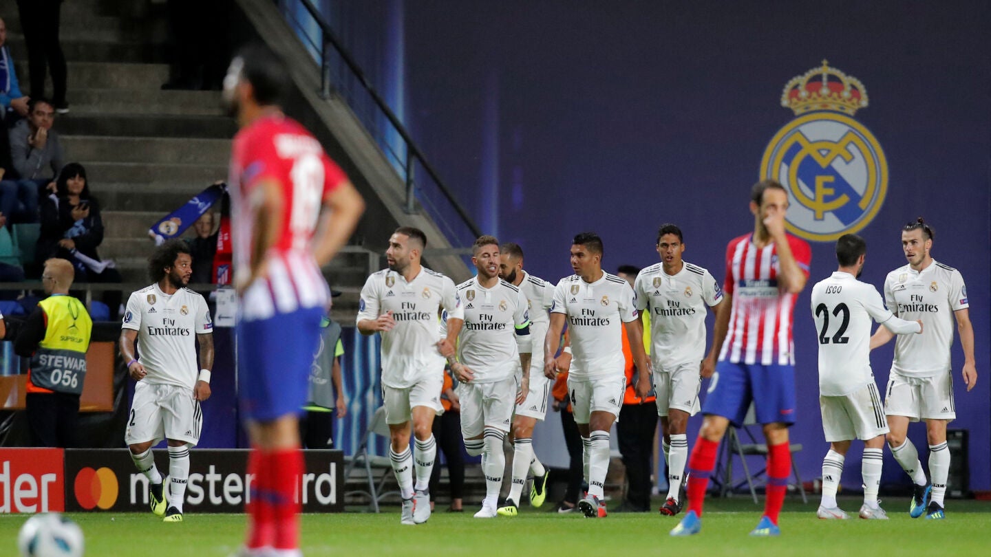 Los jugadores del Real Madrid celebran uno de los goles contra el Atl&eacute;tico de Madrid