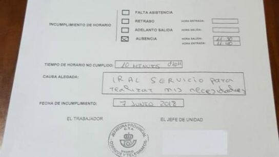 Imagen del anexo realizado a la trabajadora de Correos que se ausent&oacute; para ir al ba&ntilde;o