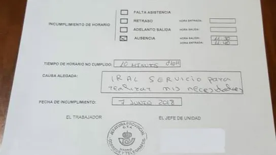 Imagen del anexo realizado a la trabajadora de Correos que se ausentó para ir al baño Imagen del anexo realizado a la trabajadora de Correos que se ausentó para ir al baño
