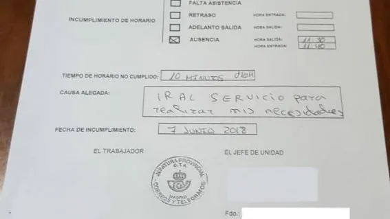 Imagen del anexo realizado a la trabajadora de Correos que se ausentó para ir al baño