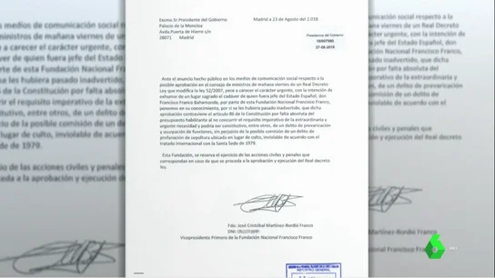 Moncloa recibe un burofax de la Fundación Franco Moncloa recibe un burofax de la Fundación Franco