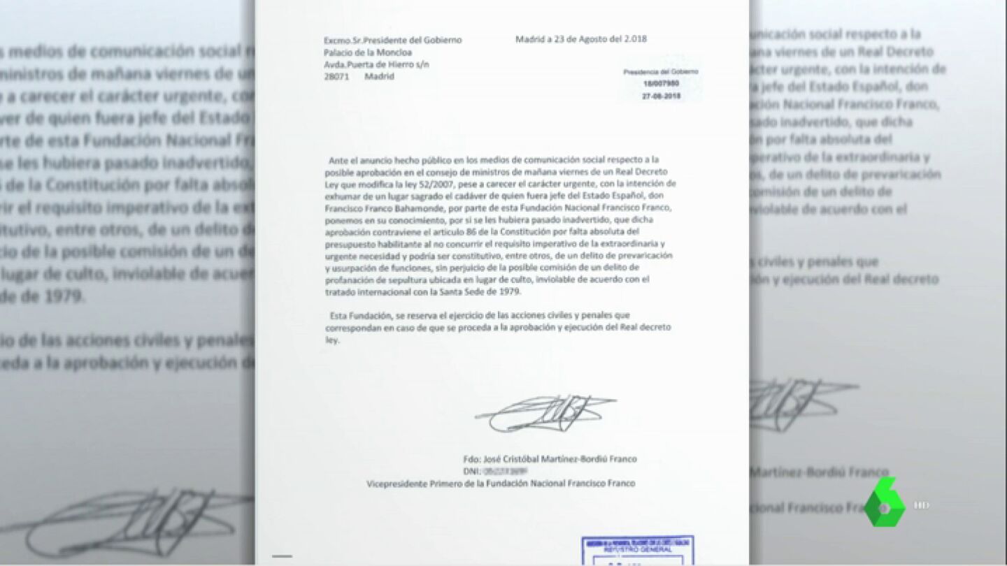 Moncloa recibe un burofax de la Fundaci&oacute;n Franco