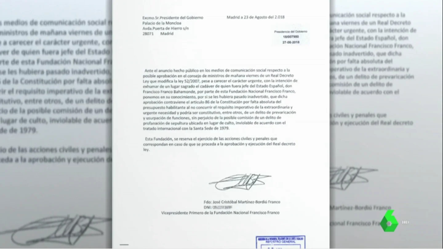 Moncloa recibe un burofax de la Fundación Franco Moncloa recibe un burofax de la Fundación Franco