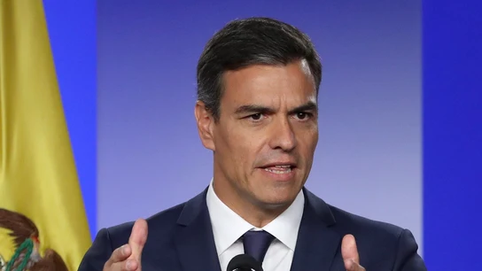 El presidente del Gobierno español, Pedro Sánchez, durante la rueda de prensa tras su reunión con el presidente de Colombia. El presidente del Gobierno español, Pedro Sánchez, durante la rueda de prensa tras su reunión con el presidente de Colombia.