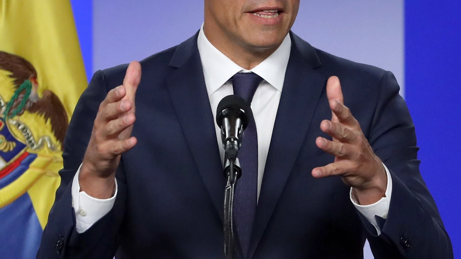  El presidente del Gobierno español, Pedro Sánchez, durante la rueda de prensa tras su reunión con el presidente de Colombia.