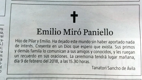 Esquela de Emilio Miró Paniello Esquela de Emilio Miró Paniello