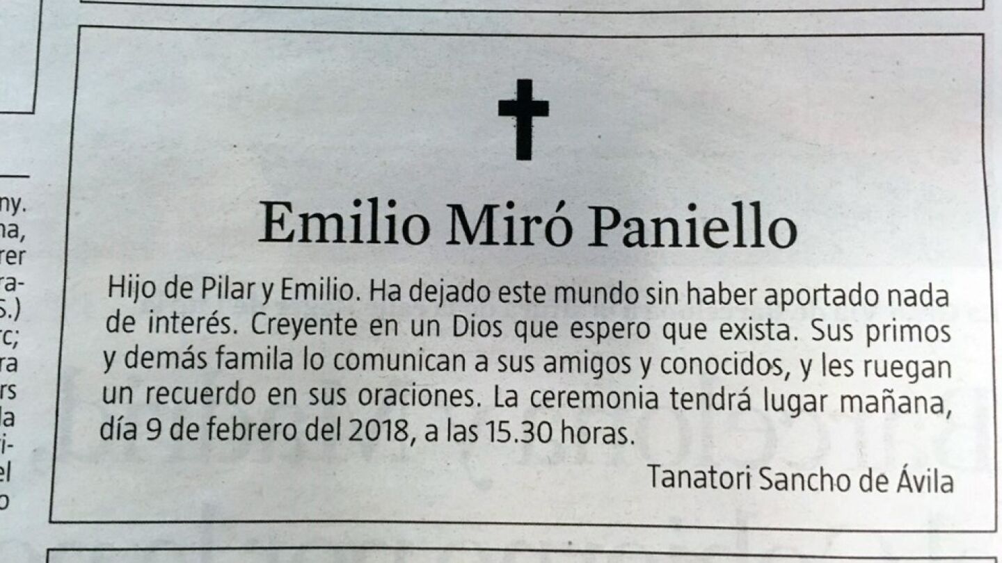 Esquela de Emilio Mir&oacute; Paniello