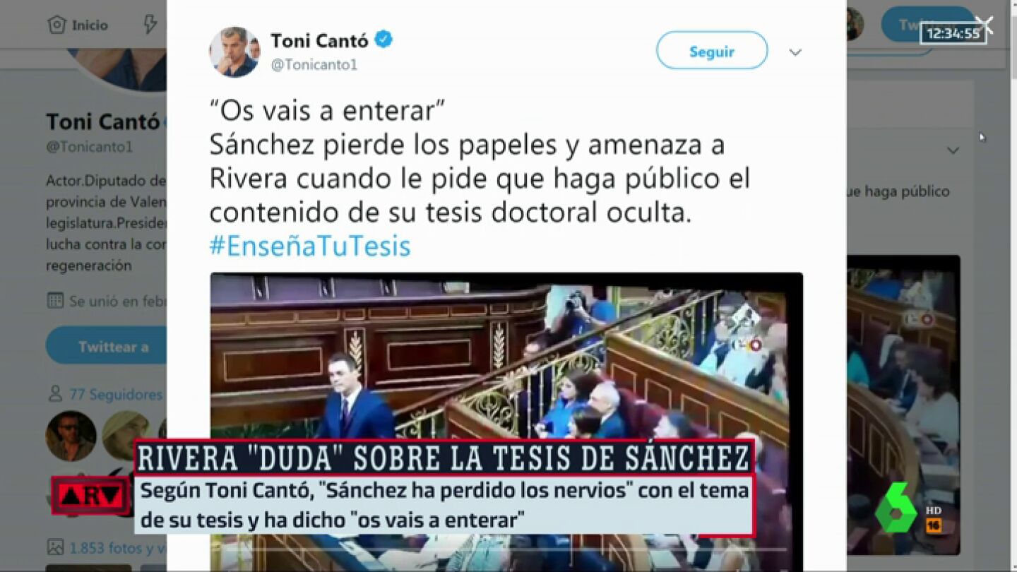Toni Cant&oacute; asegura que "S&aacute;nchez ha perdido los papeles" con el tema de su m&aacute;ster y les ha dicho "os vais a enterar"