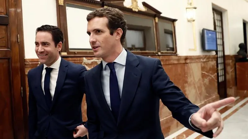 El presidente del PP, Pablo Casado, y el secretario general del PP, Teodoro García Egea