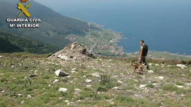 Un guardia civil y un perro de la patrulla canina en el monte