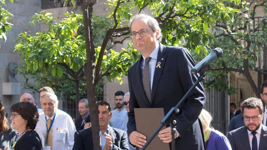 El presidente de la Generalitat, Quim Torra, durante el acto de apoyo a las personas afectadas por la actuación policial en el 1-O El presidente de la Generalitat, Quim Torra, durante el acto de apoyo a las personas afectadas por la actuación policial en el 1-O