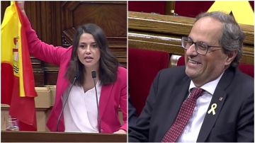 Inés Arrimadas saca una bandera de España en el pleno del Parlament