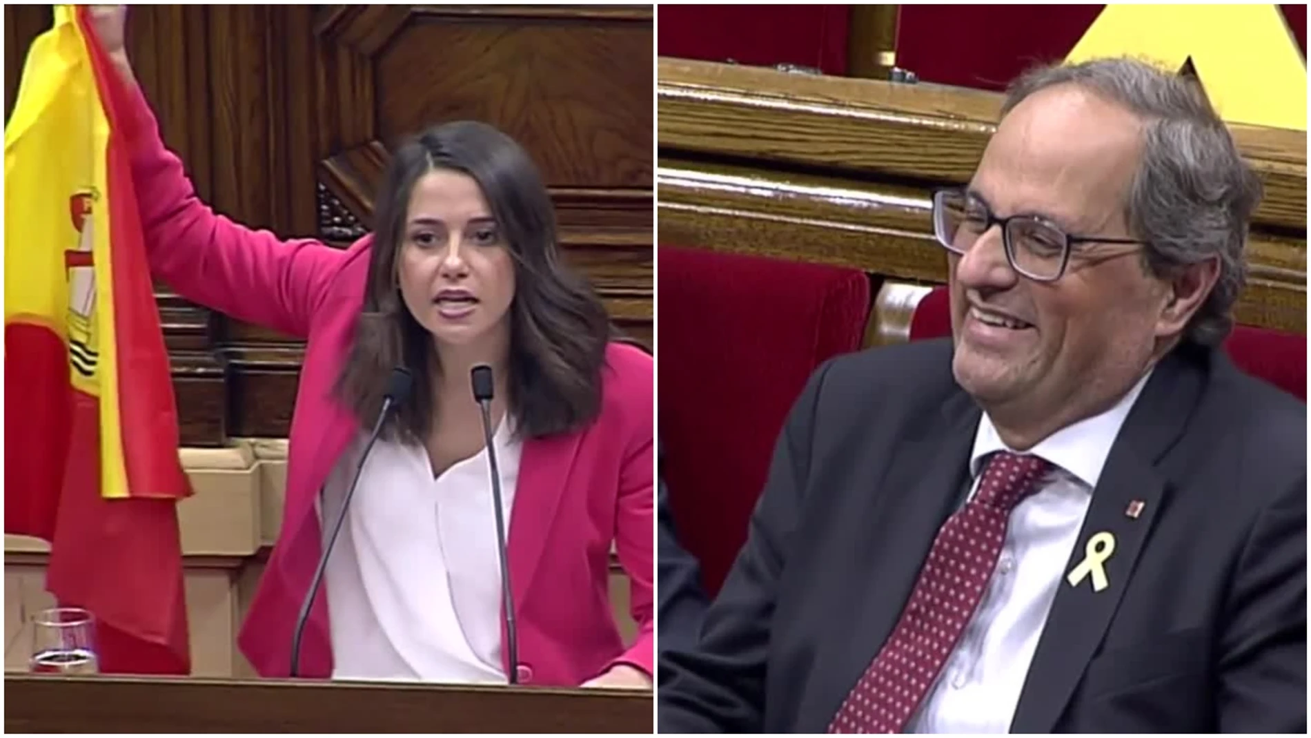 Inés Arrimadas saca una bandera de España en el pleno del Parlament