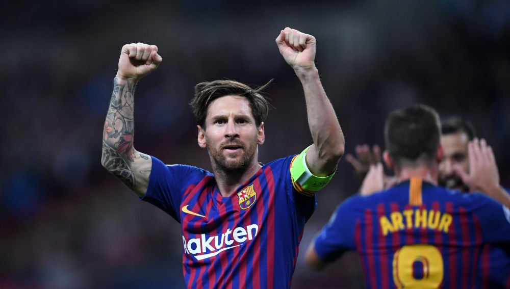 Leo Messi celebra un gol en Wembley