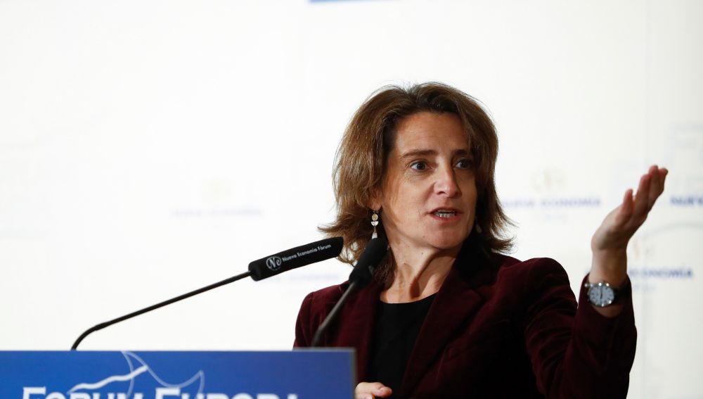 La ministra para la Transición Ecológica, Teresa Ribera, durante una intervención en un desayuno informativo