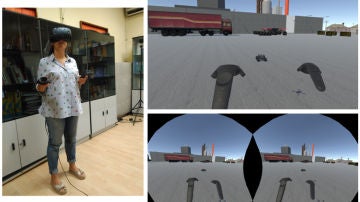 Investigadora inmersa en una misión con gafas de realidad virtual