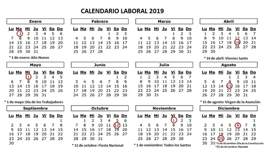 Imagen del calendario laboral de 2019 Imagen del calendario laboral de 2019
