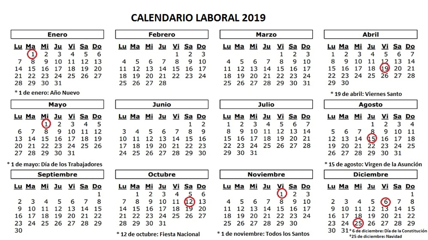 Imagen del calendario laboral de 2019 Imagen del calendario laboral de 2019