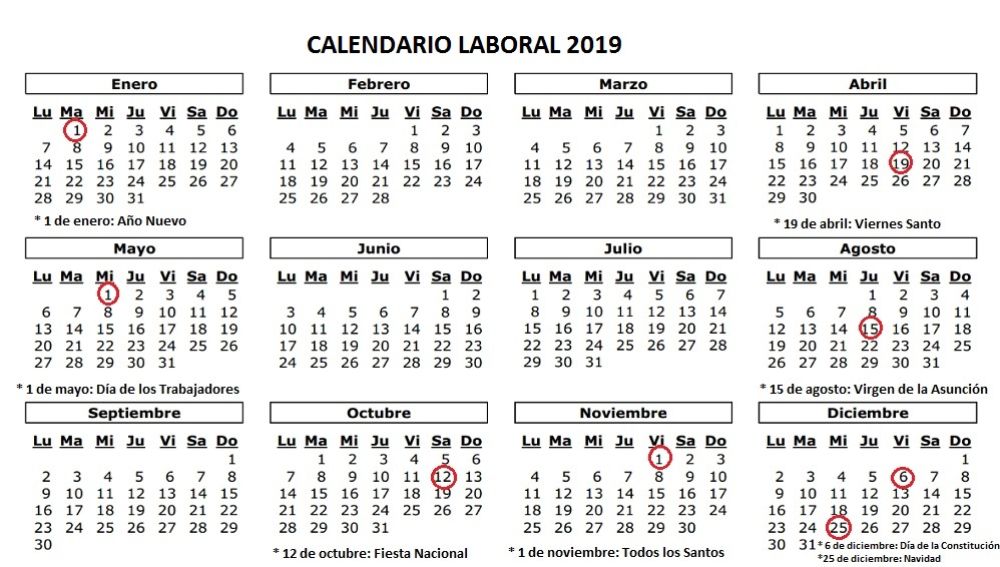 Imagen del calendario laboral de 2019