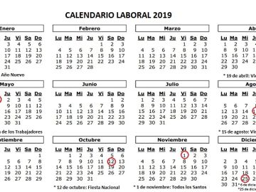 Imagen del calendario laboral de 2019 Imagen del calendario laboral de 2019