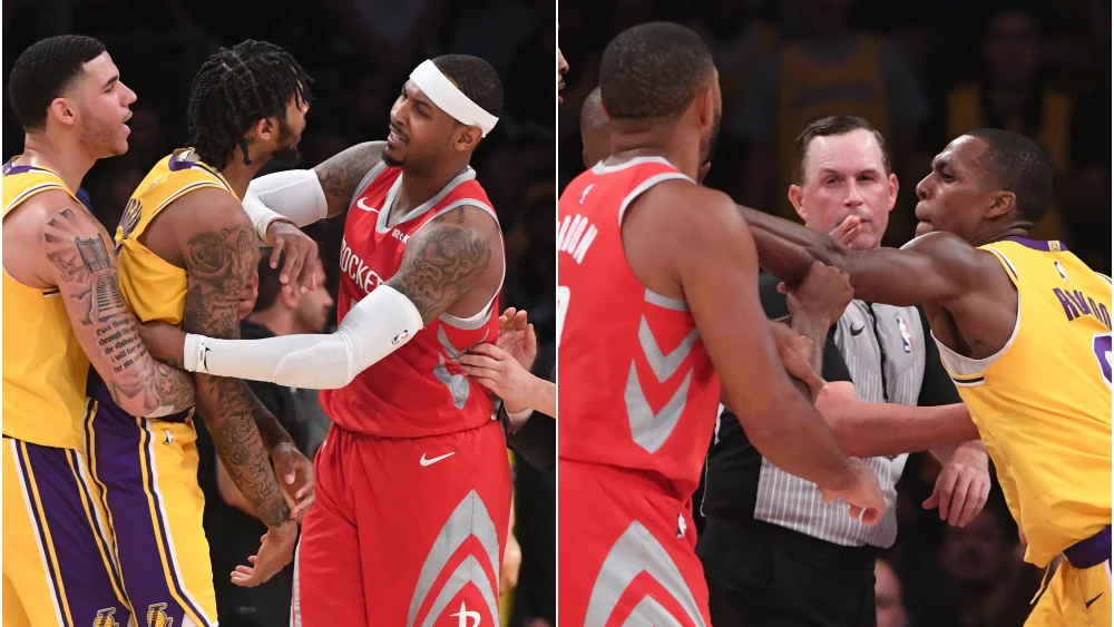 Momento de la pelea que tuvo lugar en el Lakers-Rockets