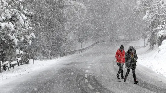 Dos personas caminan bajo una intensa nevada en Roncesvalles Dos personas caminan bajo una intensa nevada en Roncesvalles
