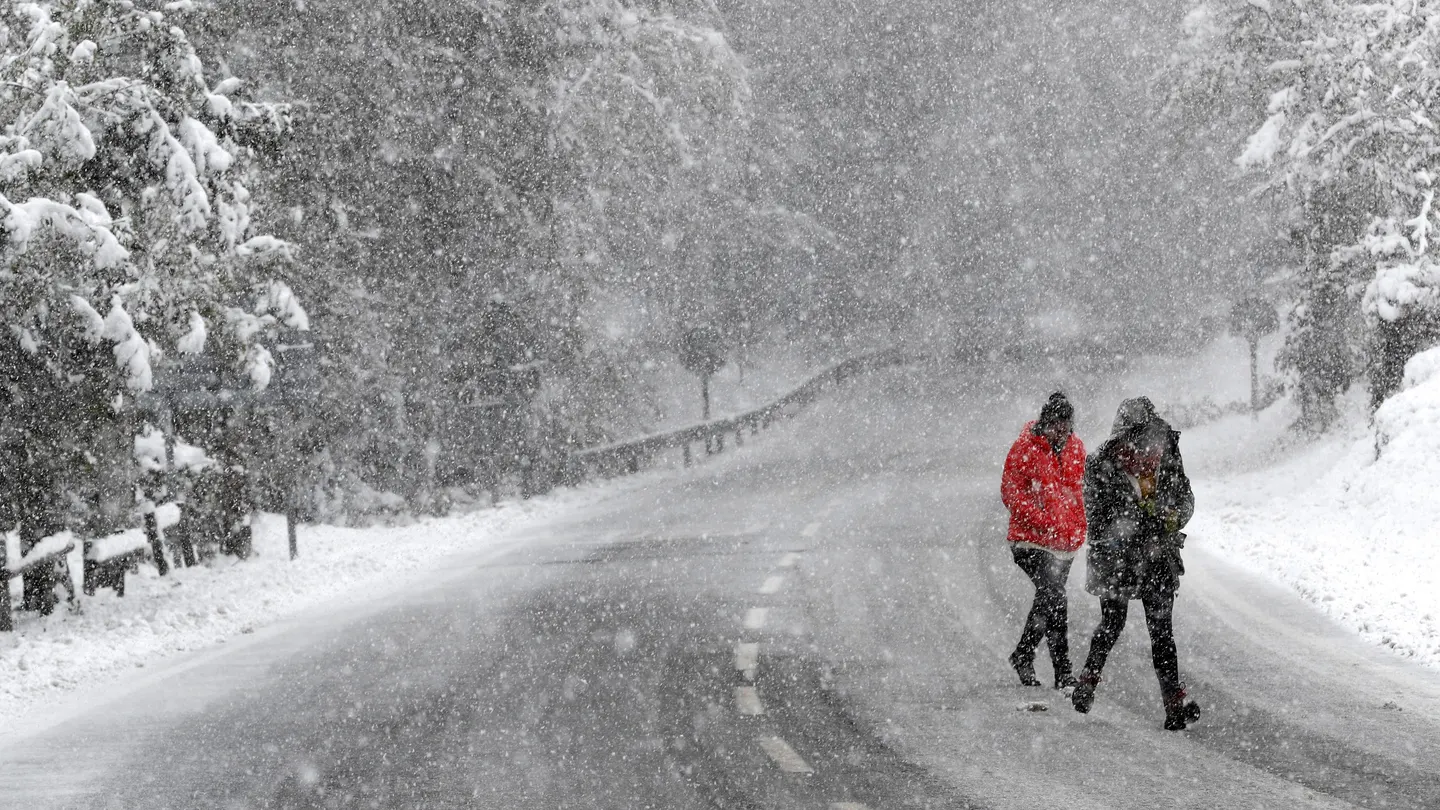Dos personas caminan bajo una intensa nevada en Roncesvalles Dos personas caminan bajo una intensa nevada en Roncesvalles