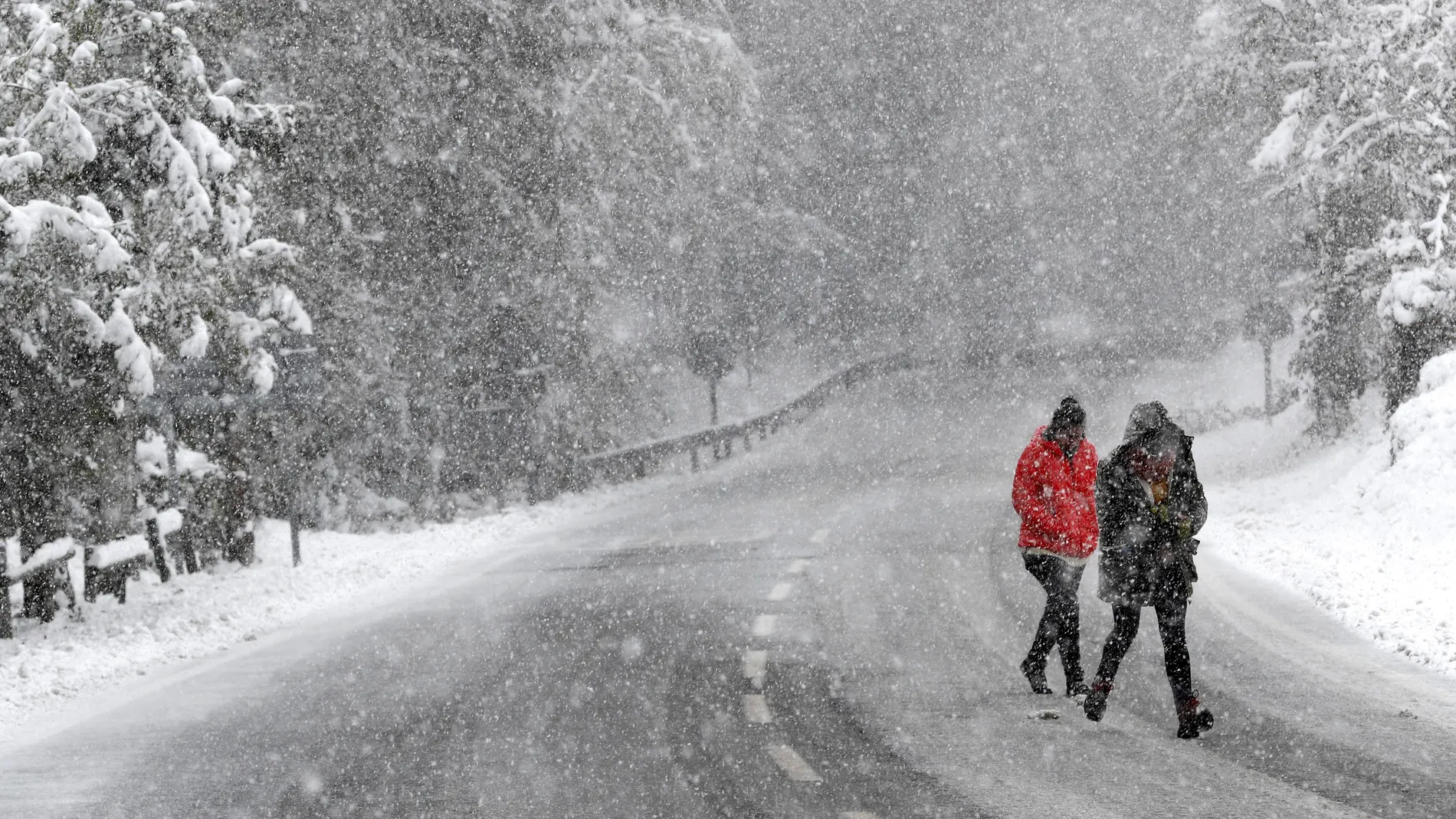  Dos personas caminan bajo una intensa nevada en Roncesvalles