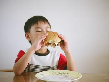 Niño comiendo una hamburguesa, alimento típico en la dieta americana Niño comiendo una hamburguesa, alimento típico en la dieta americana