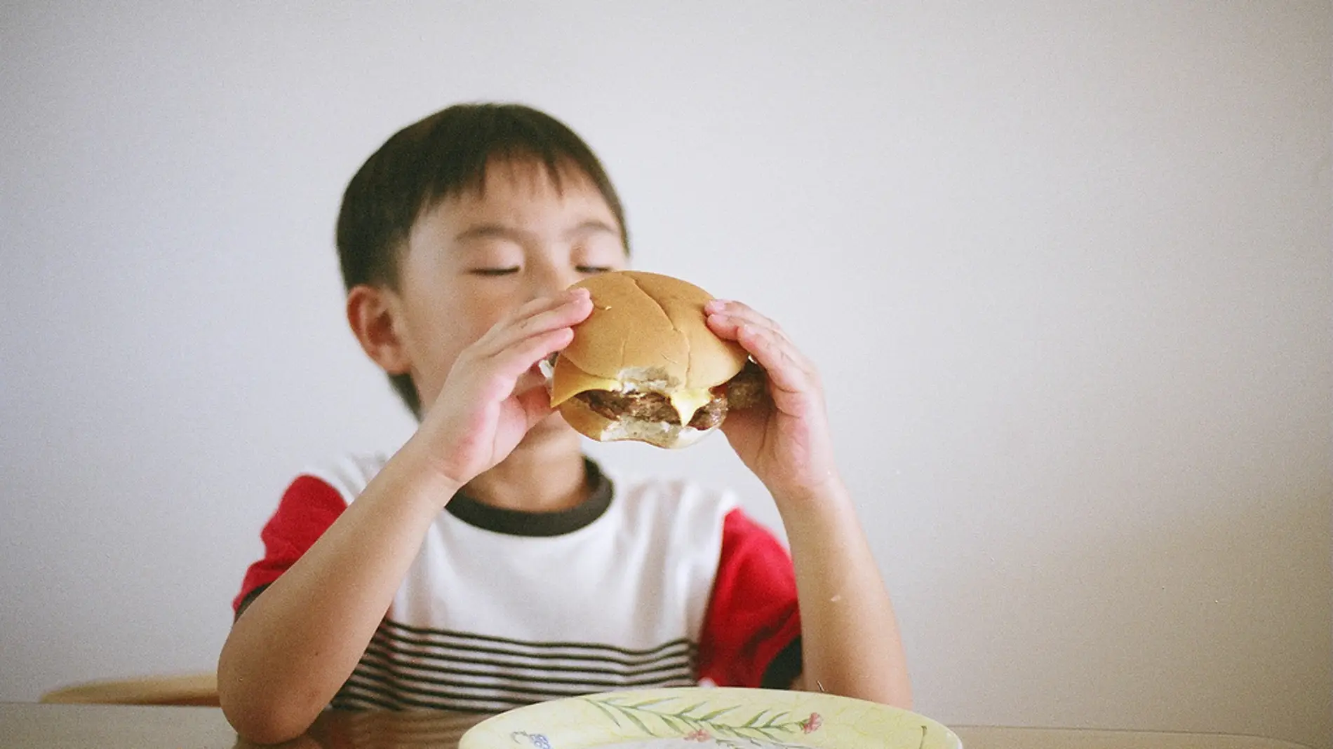 Niño comiendo una hamburguesa, alimento típico en la dieta americana Niño comiendo una hamburguesa, alimento típico en la dieta americana