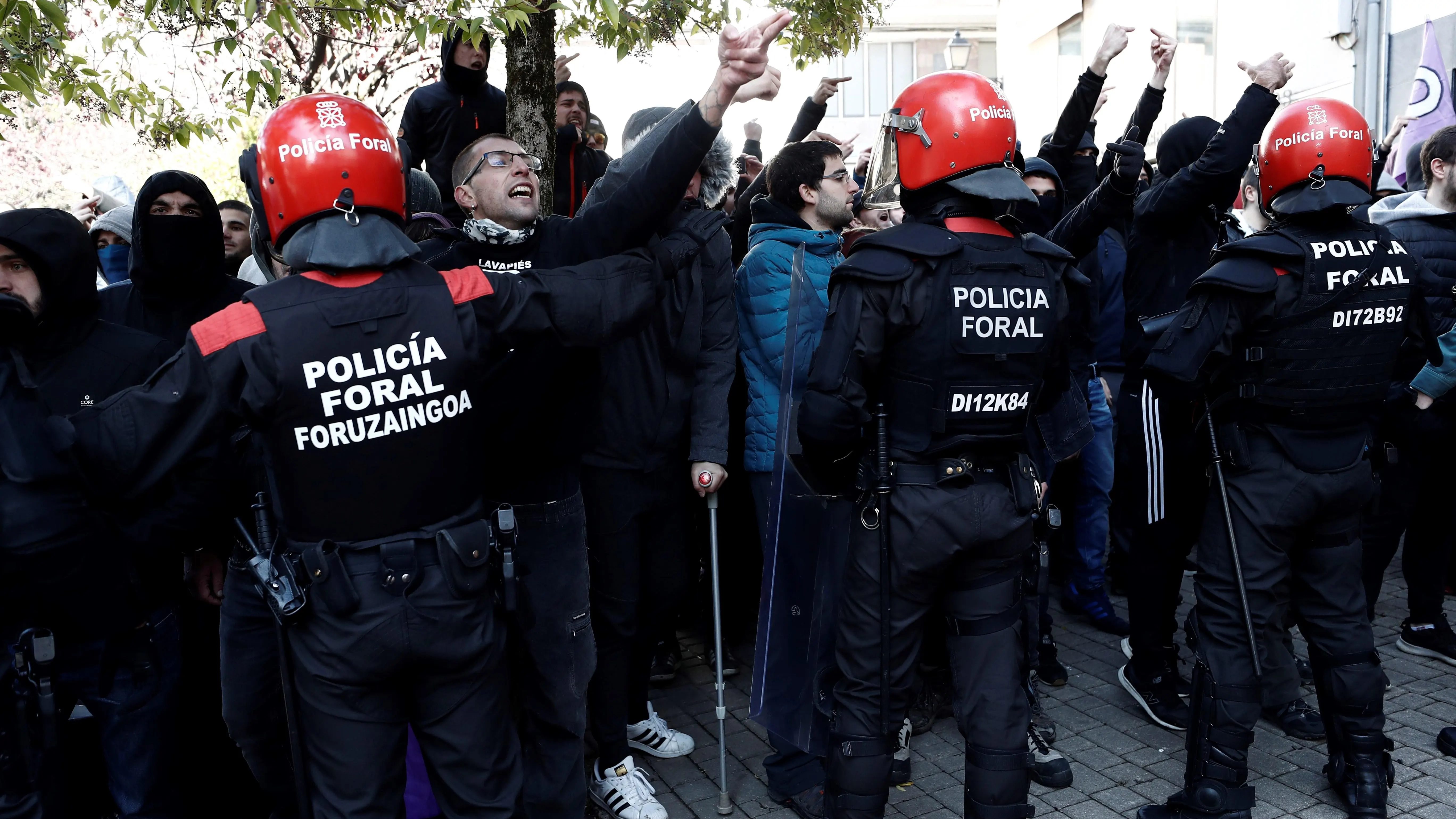 Efectivos de la Policía Foral frente a una manifestación que tiene lugar en Alsasua