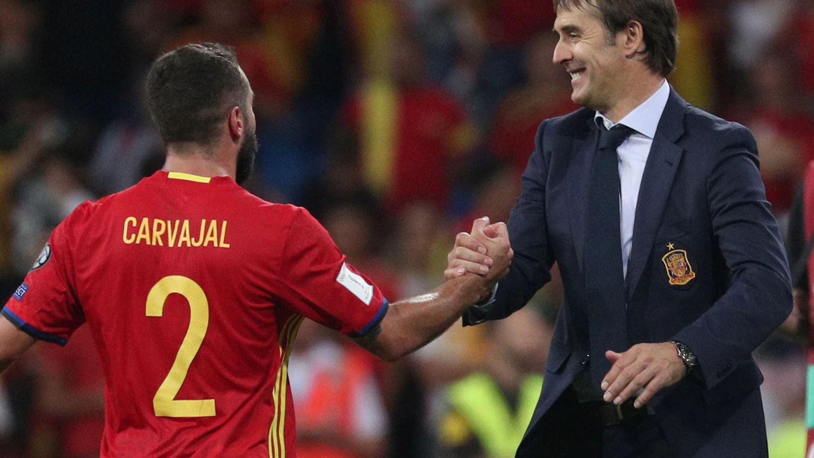 Carvajal y Lopetegui, durante un partido de la Selección