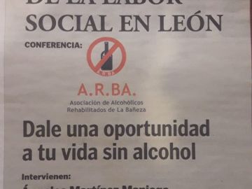Imagen del anuncio en el que se publicita la charla sobre alcoholismo Imagen del anuncio en el que se publicita la charla sobre alcoholismo