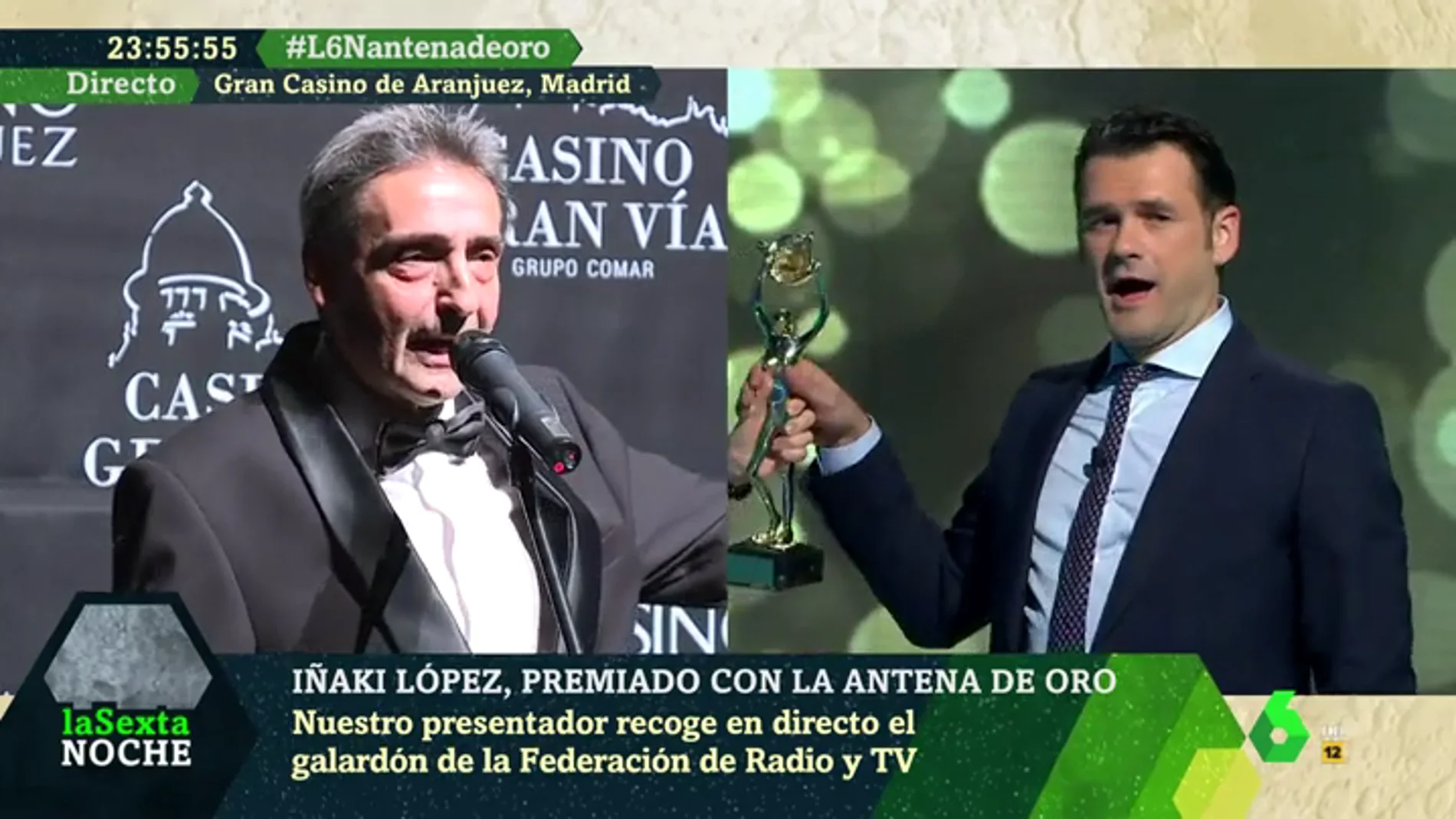 La entrega de la Antena de Oro como nunca la habías visto: así recogió Iñaki López su flamante premio en directo en laSexta Noche