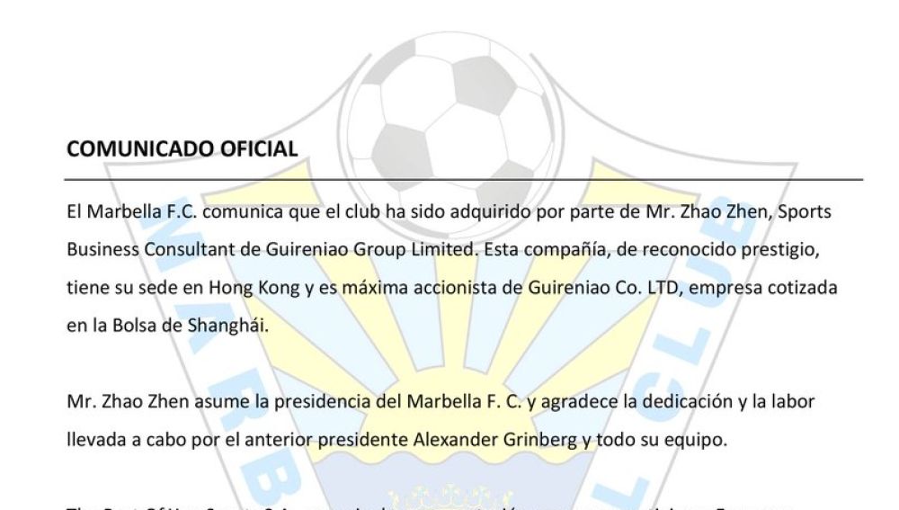 El comunicado del Marbella anunciando la venta del equipo a Zhao Zhen