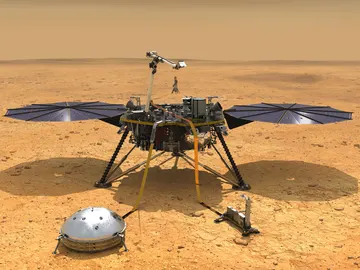 Recreación del lande InSight de la NASA posado en la superficie de la región marciana de Elysium Planitia Recreación del lande InSight de la NASA posado en la superficie de la región marciana de Elysium Planitia
