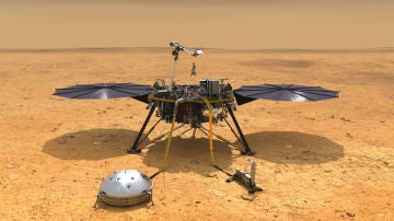 Recreación del lande InSight de la NASA posado en la superficie de la región marciana de Elysium Planitia