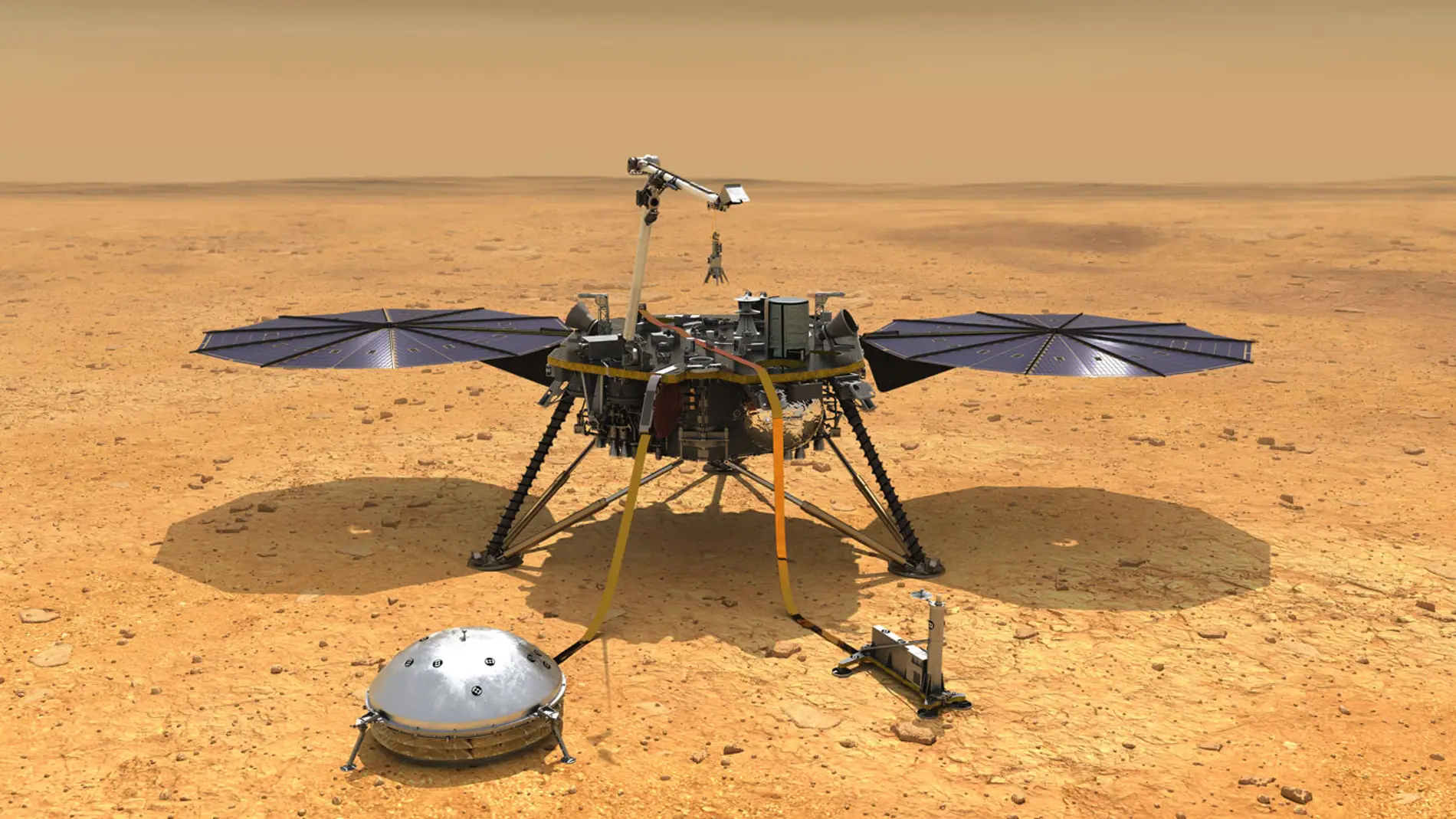 Recreación del lande InSight de la NASA posado en la superficie de la región marciana de Elysium Planitia 