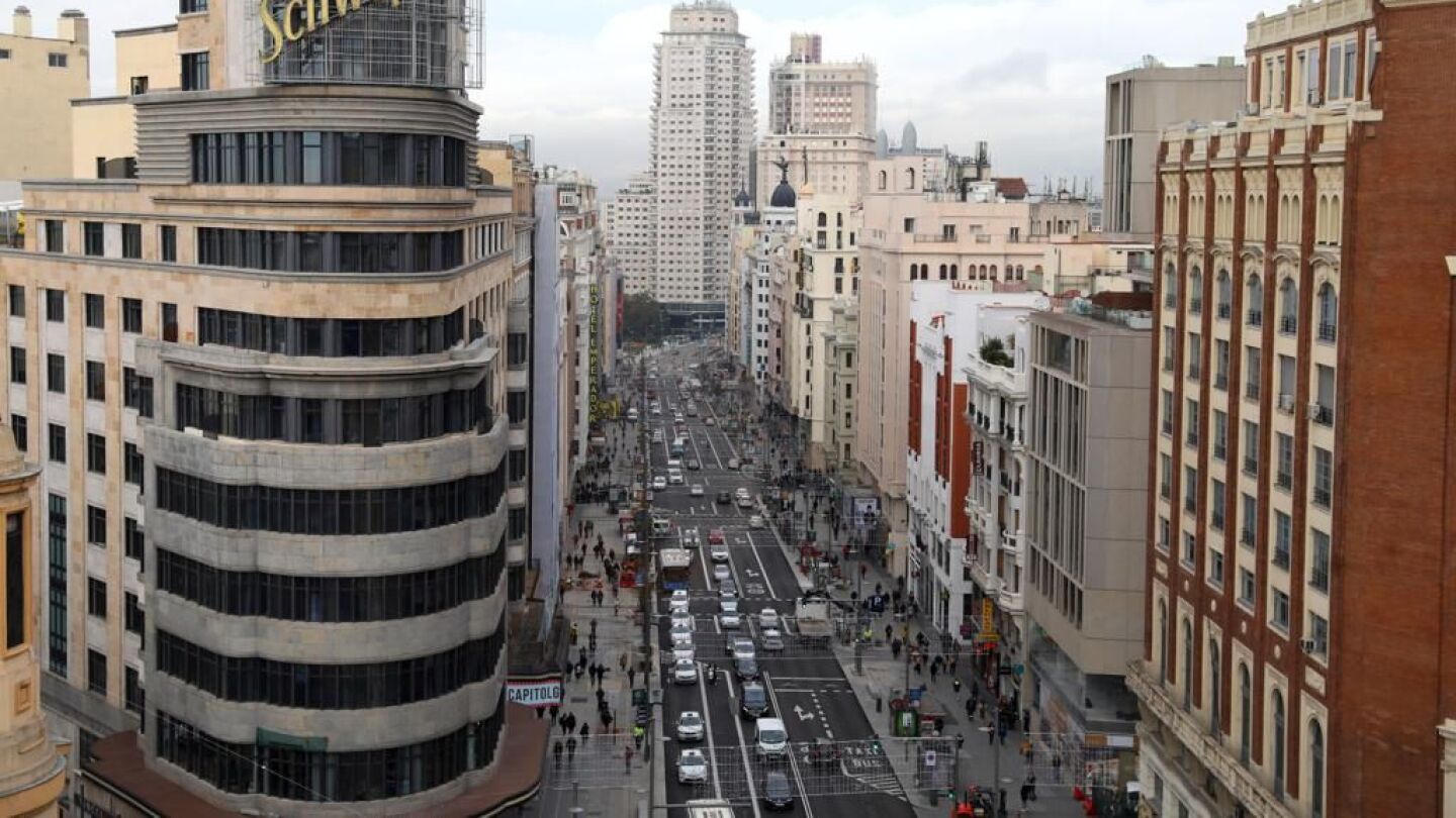 La Gran V&iacute;a de Madrid a vista de p&aacute;jaro desde la Plaza de Callao