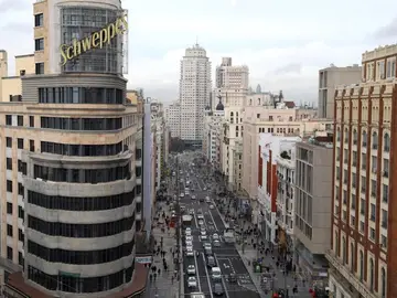La Gran Vía de Madrid a vista de pájaro desde la Plaza de Callao La Gran Vía de Madrid a vista de pájaro desde la Plaza de Callao