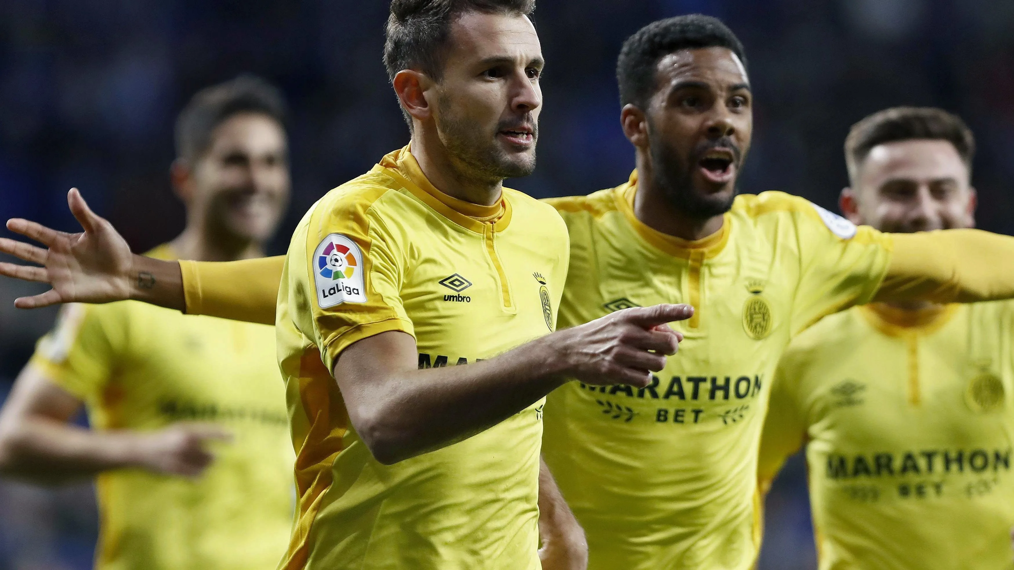 Stuani celebra uno de sus goles contra el Espanyol