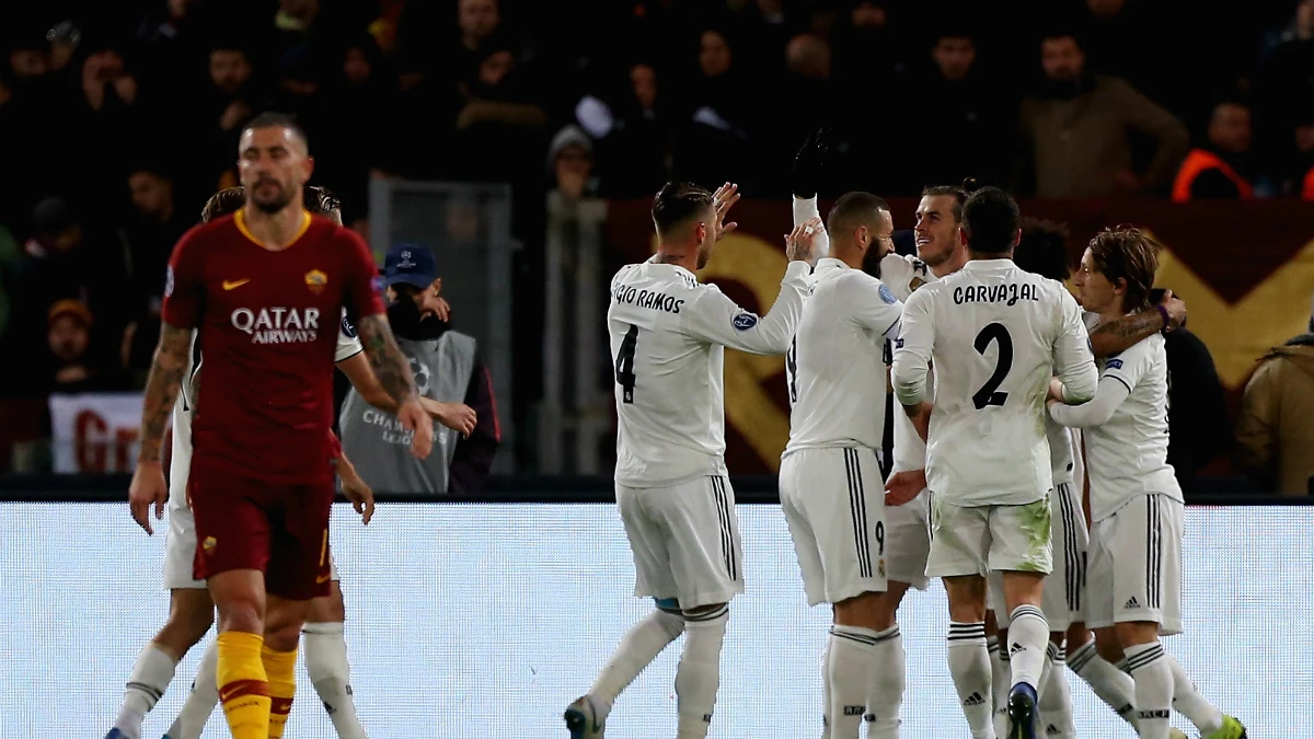 El Real Madrid celebra un gol ante la Roma