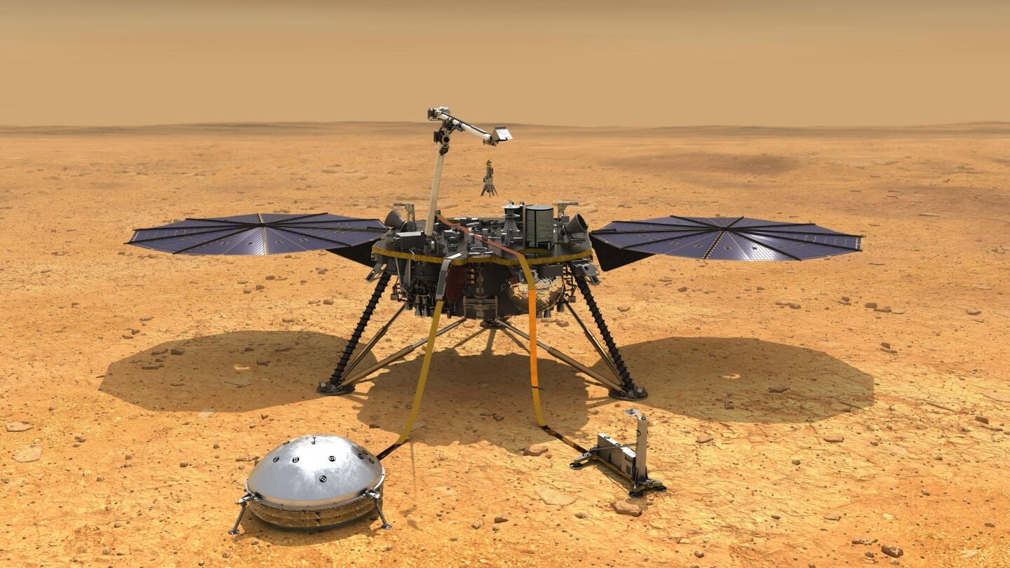 Fotograf&iacute;a cedida por la NASA de una ilustraci&oacute;n que muestra una vista simulada del m&oacute;dulo espacial InSight