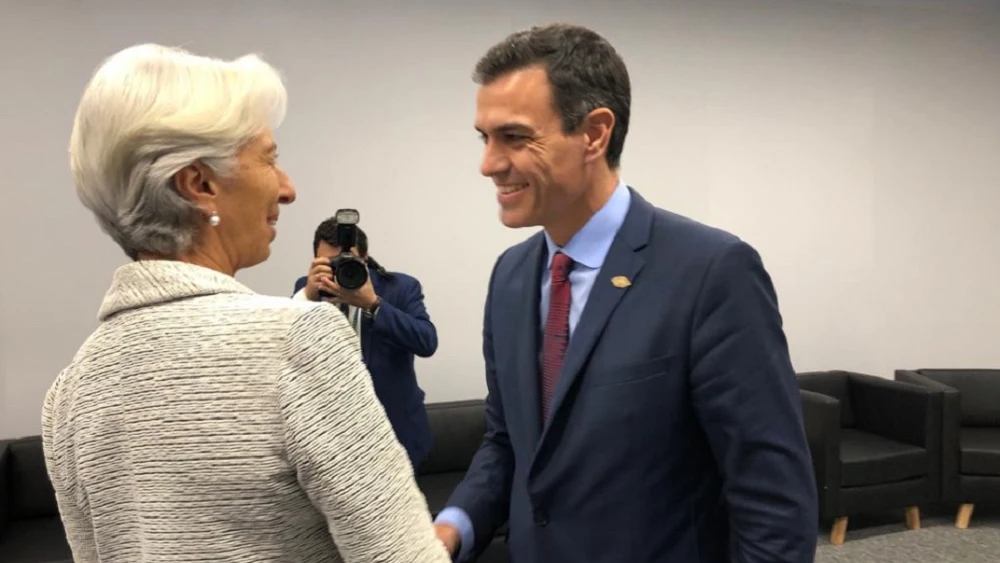 La directora gerente del Fondo Monetario Internacional, Christine Lagarde, junto a Pedro Sánchez