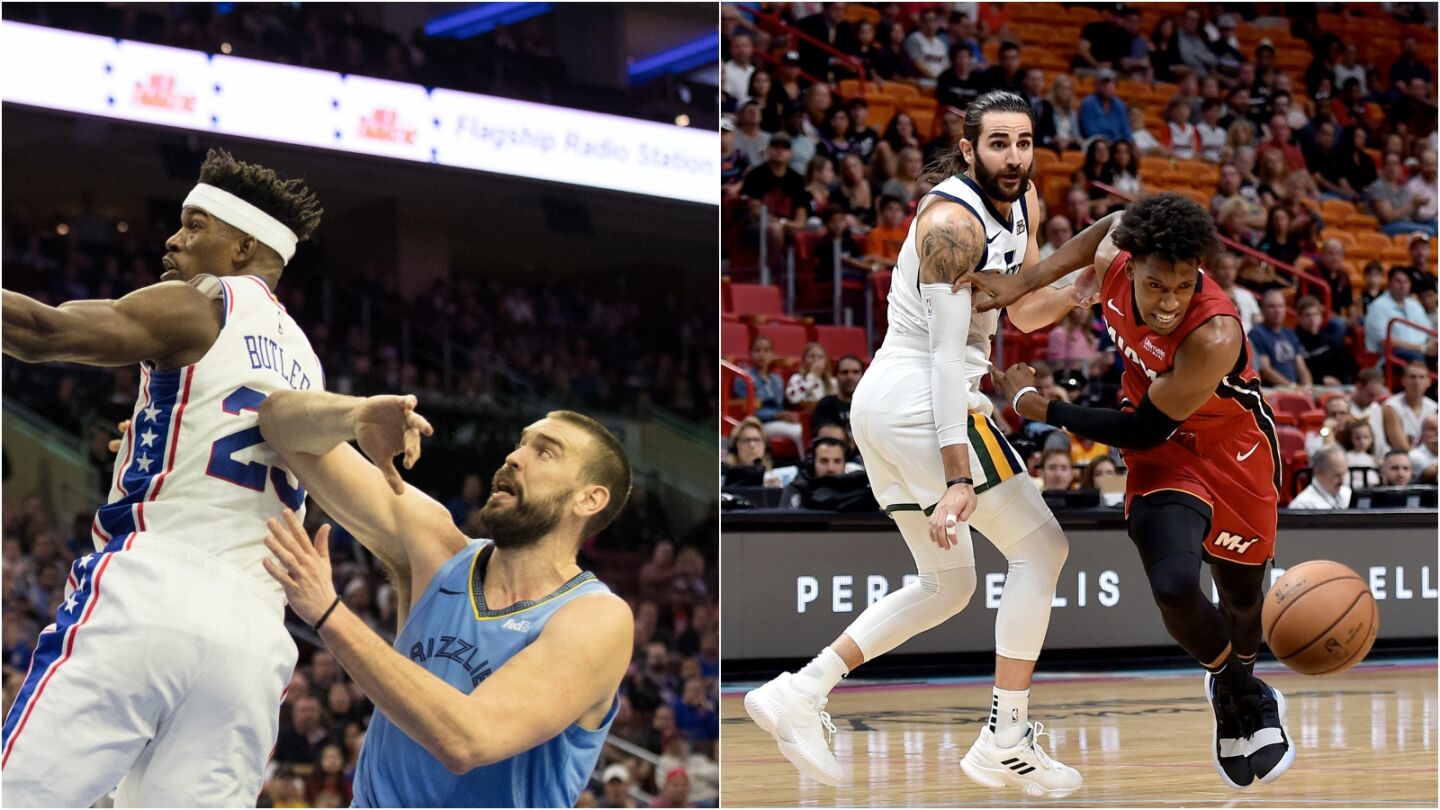 Marc Gsol y Ricky Rubio, en acci&oacute;n ante los Sixers y los Heat