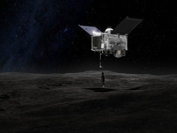 Representación artística de OSIRIS-REx tocando la superficie del asteroide Bennu para proceder con la extracción de muestras 