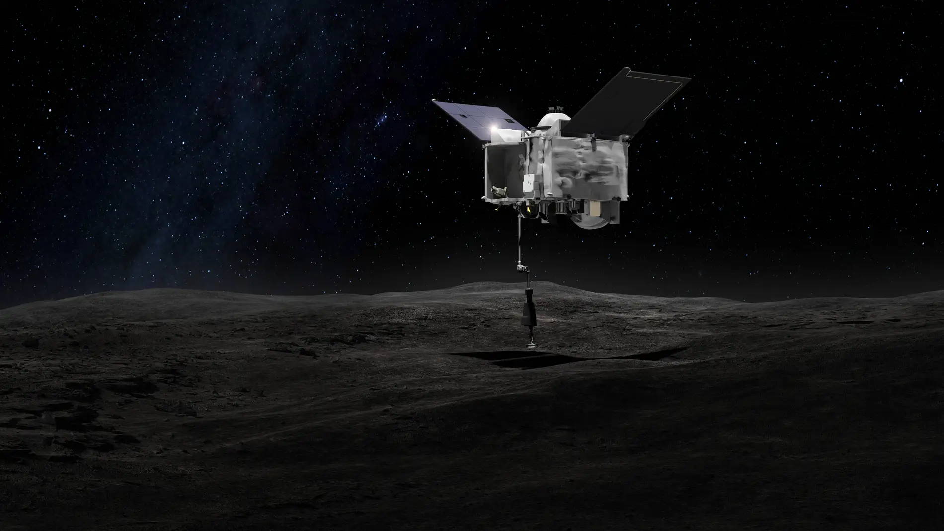 Representación artística de OSIRIS-REx tocando la superficie del asteroide Bennu para proceder con la extracción de muestras 