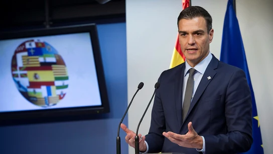 El presidente del Gobierno, Pedro Sánchez, durante la rueda de prensa ofrecida al término del Consejo Europeo de Bruselas El presidente del Gobierno, Pedro Sánchez, durante la rueda de prensa ofrecida al término del Consejo Europeo de Bruselas