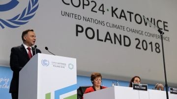 El presidente polaco, Andrzej Duda, pronuncia su discurso durante la ceremonia inaugural de la Cumbre del Clima
