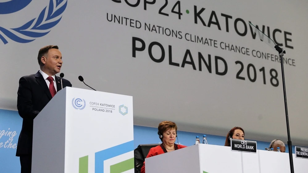 El presidente polaco, Andrzej Duda, pronuncia su discurso durante la ceremonia inaugural de la Cumbre del Clima